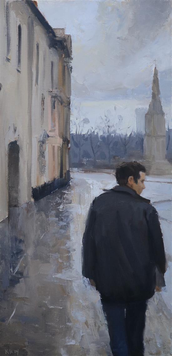 Kenny Harris, oil on canvas, Oxford Rainy Day 2004, signed, 60 x 29cm